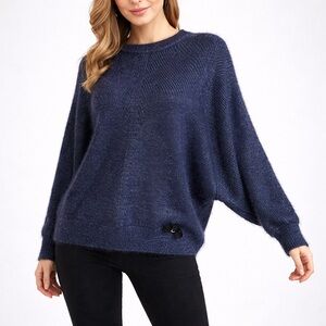 Women Blue Metallic Fuzzy Knit Sweater – Size M – Adjustable Hem with Bow